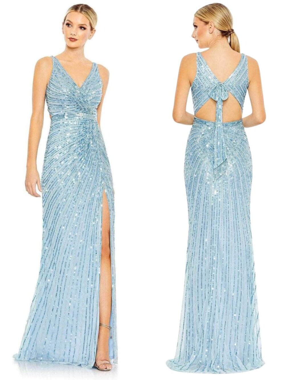 NWT Mac Duggal 5685 Powder Blue Faux Wrap Sequin Cutout Back Evening Gown Size 8